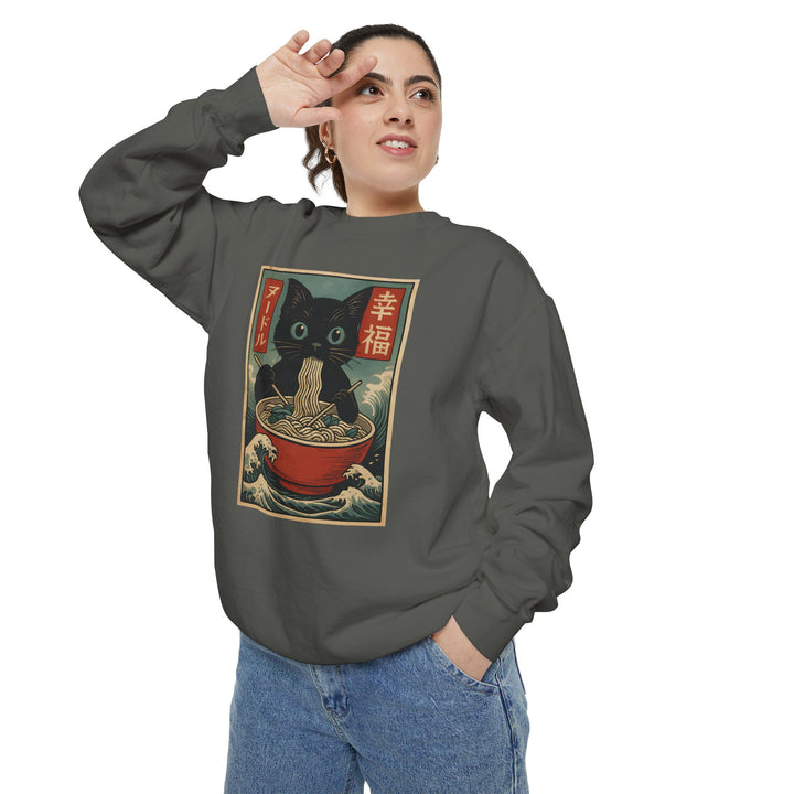 Japanese-Inspired Cat Sweatshirt Featuring a Black Cat Eating Ramen in a Classic Ukiyo-e Woodblock Art Style Cozy Unisex Sweater Cute Gift for Cat Lovers Casual Lounge Wear Perfect for Fall