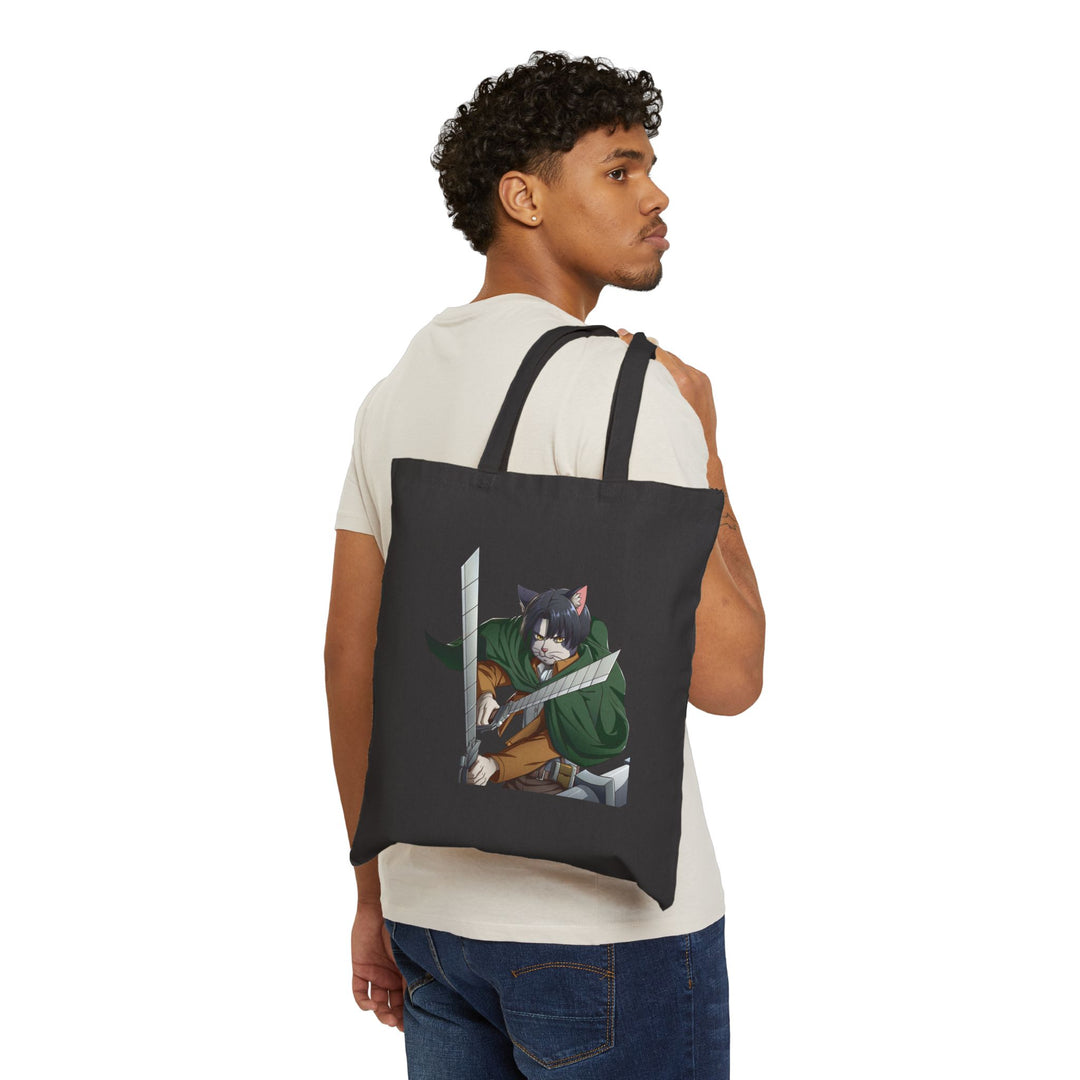 Cute Cat Warrior Cotton Canvas Tote Bag, Eco-Friendly Shopping Tote, Anime Tote, Cute Gift for Pet Lovers, Durable Shoulder Bag