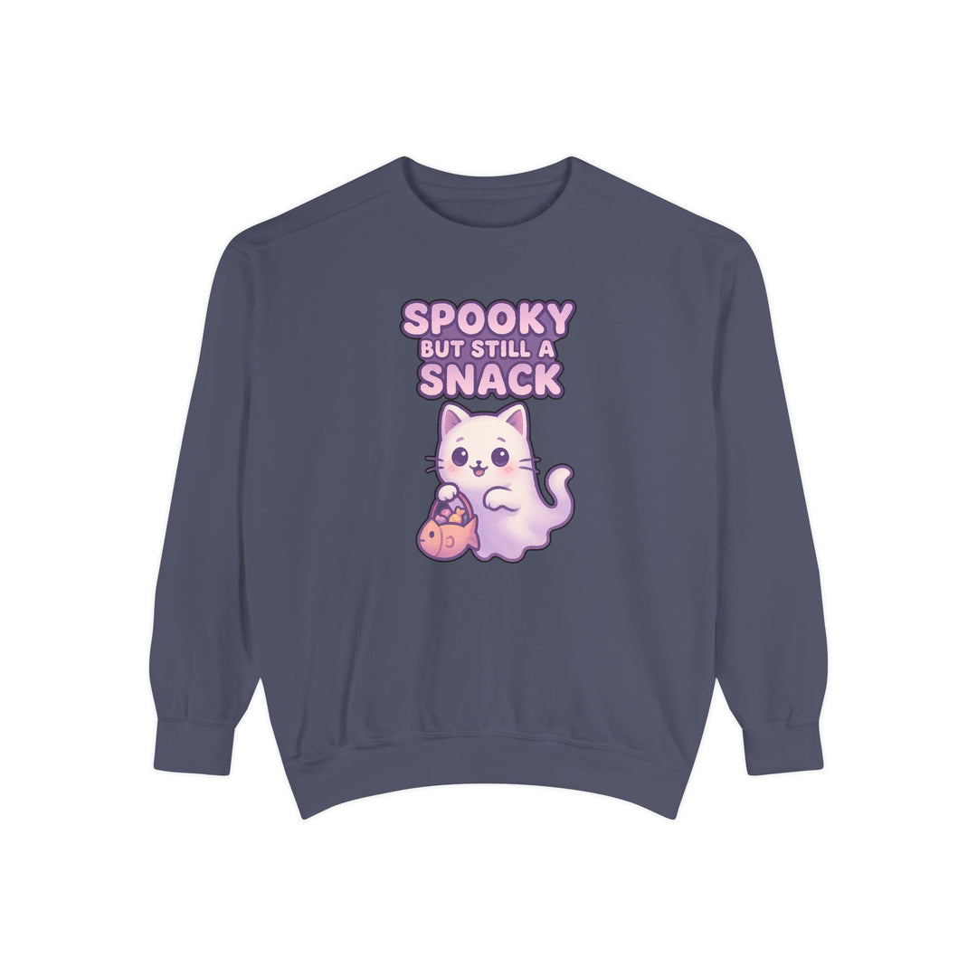 Spooky Snack Sweatshirt Featuring a Cute Ghost Cat Holding a Candy Basket with a Humorous Slogan
