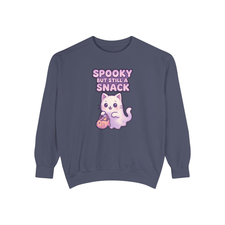 Spooky Snack Sweatshirt Featuring a Cute Ghost Cat Holding a Candy Basket with a Humorous Slogan