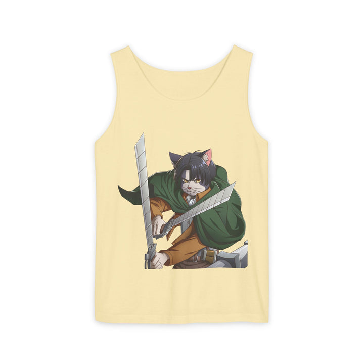 Anime Cat Warrior Tank Top, Unisex Graphic Tee, Cute Anime Apparel, Summer Fashion, Gift for Anime Fans