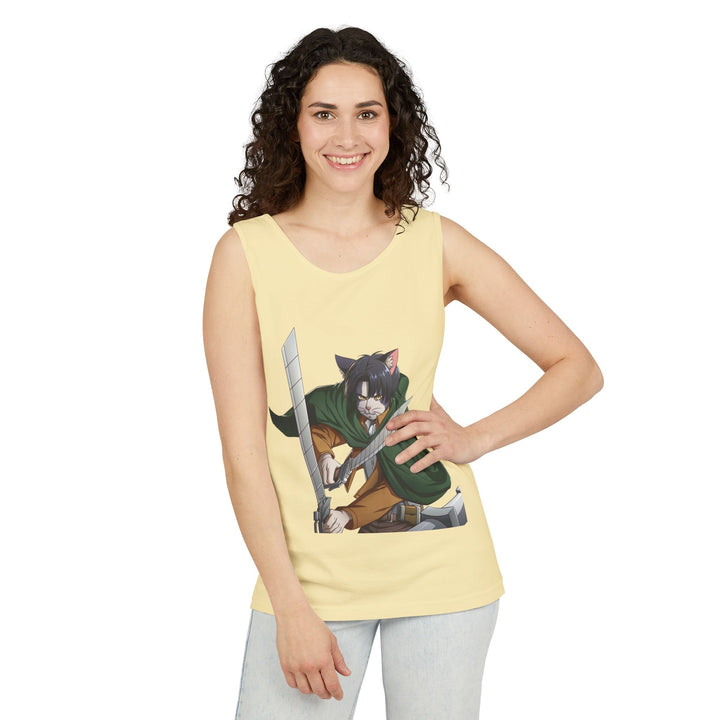 Anime Cat Warrior Tank Top, Unisex Graphic Tee, Cute Anime Apparel, Summer Fashion, Gift for Anime Fans