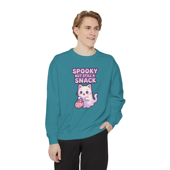 Spooky Snack Sweatshirt Featuring a Cute Ghost Cat Holding a Candy Basket with a Humorous Slogan