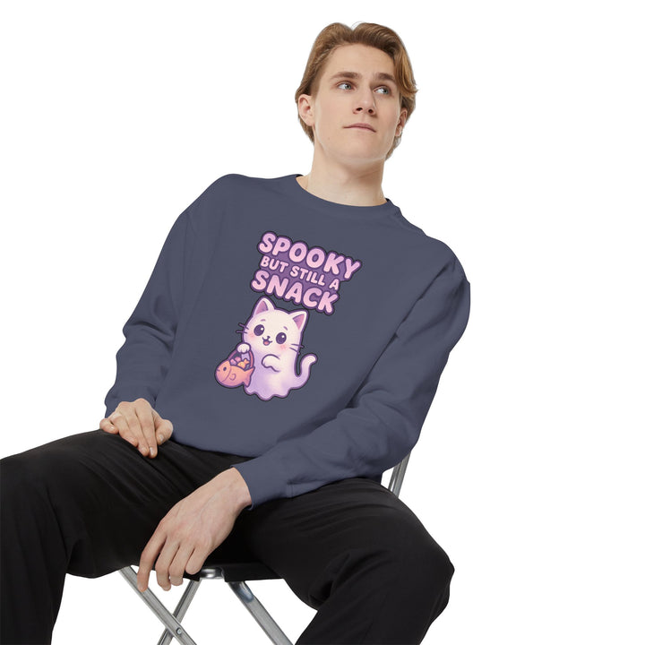 Spooky Snack Sweatshirt Featuring a Cute Ghost Cat Holding a Candy Basket with a Humorous Slogan