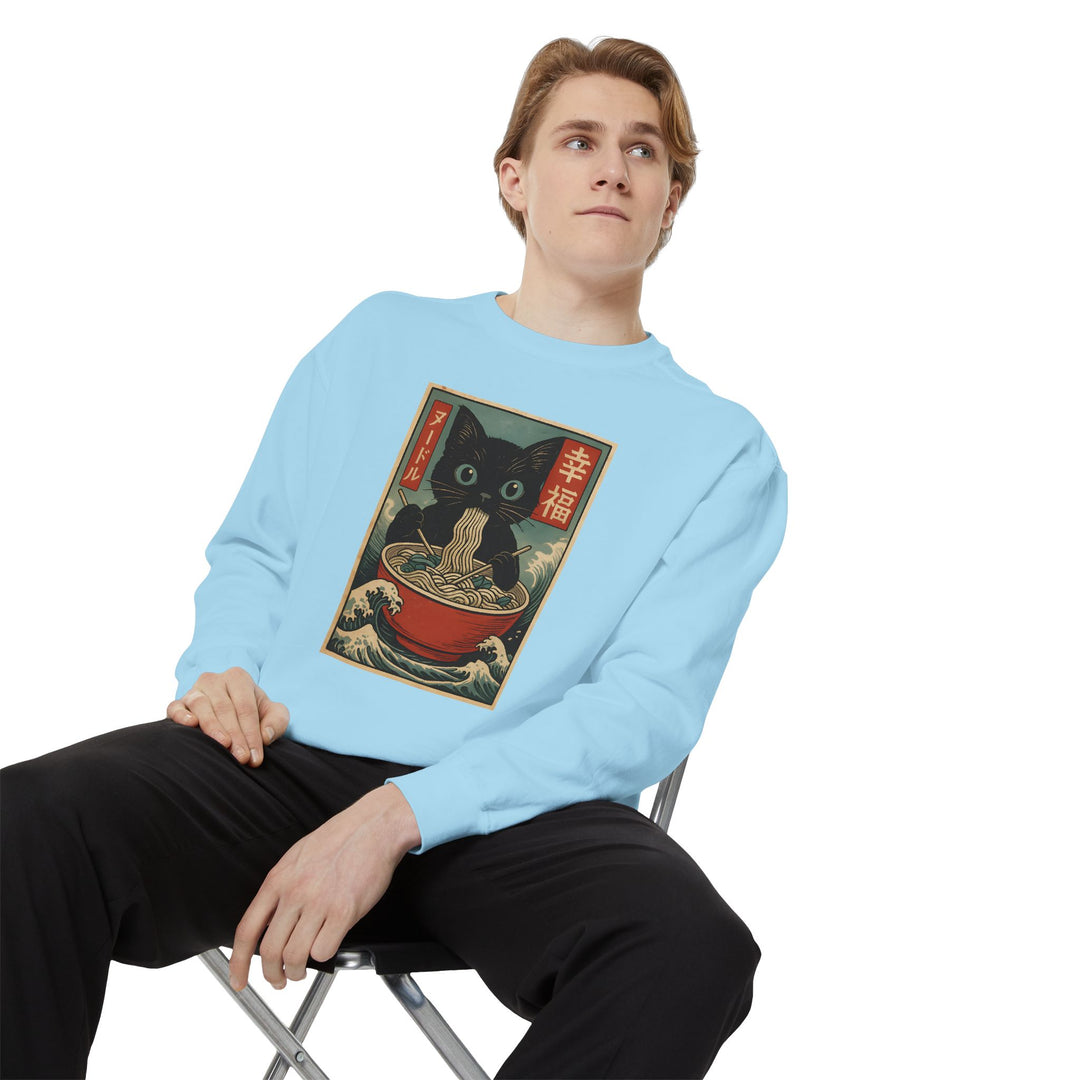 Japanese-Inspired Cat Sweatshirt Featuring a Black Cat Eating Ramen in a Classic Ukiyo-e Woodblock Art Style Cozy Unisex Sweater Cute Gift for Cat Lovers Casual Lounge Wear Perfect for Fall
