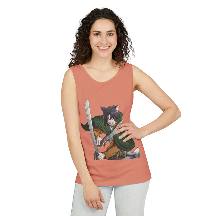 Anime Cat Warrior Tank Top, Unisex Graphic Tee, Cute Anime Apparel, Summer Fashion, Gift for Anime Fans