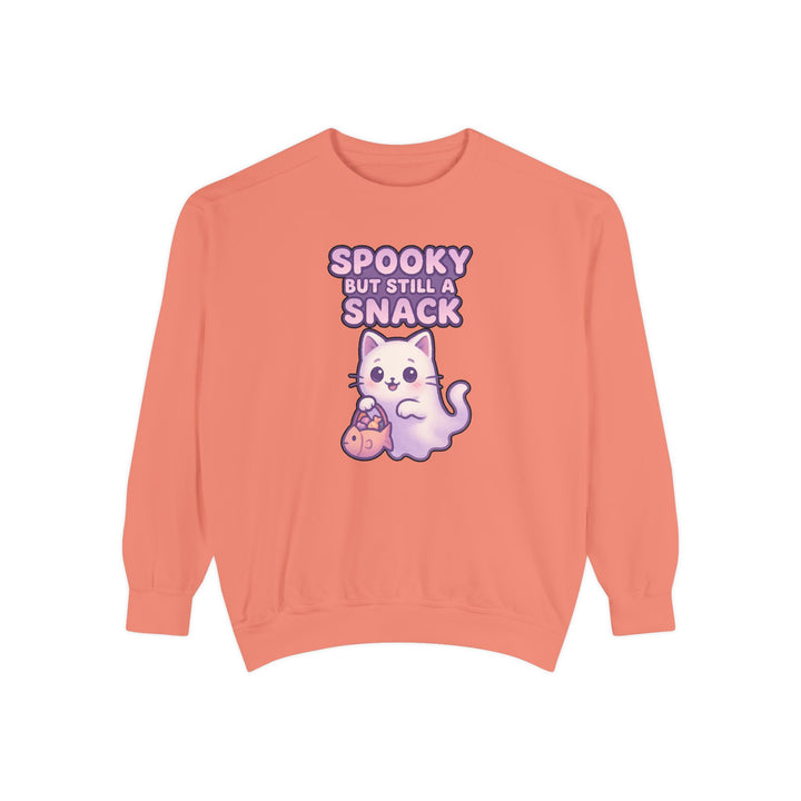 Spooky Snack Sweatshirt Featuring a Cute Ghost Cat Holding a Candy Basket with a Humorous Slogan