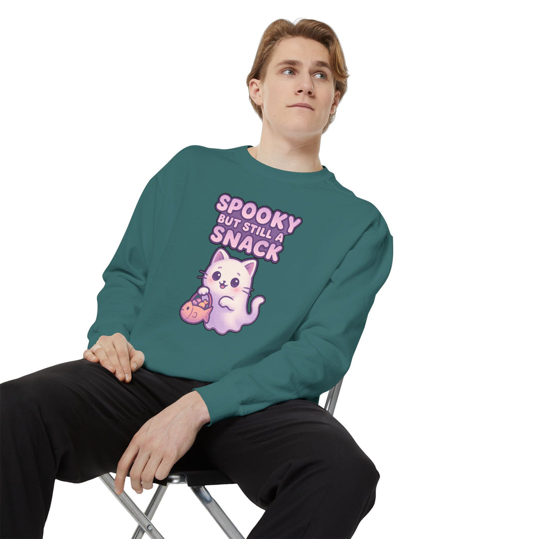 Spooky Snack Sweatshirt Featuring a Cute Ghost Cat Holding a Candy Basket with a Humorous Slogan