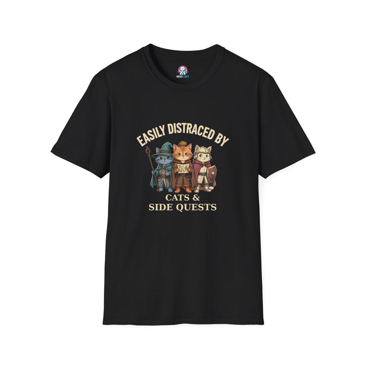 Black T-shirt with three cats in fantasy costumes and Easily Distracted by Cats and Side Quests lettering.