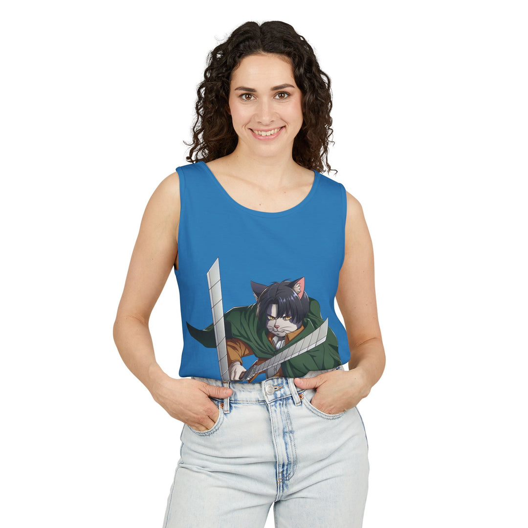 Anime Cat Warrior Tank Top, Unisex Graphic Tee, Cute Anime Apparel, Summer Fashion, Gift for Anime Fans