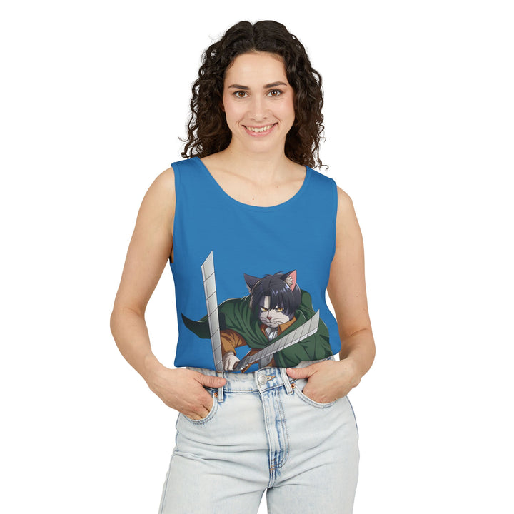 Anime Cat Warrior Tank Top, Unisex Graphic Tee, Cute Anime Apparel, Summer Fashion, Gift for Anime Fans