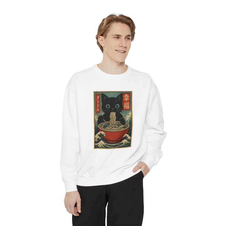 Japanese-Inspired Cat Sweatshirt Featuring a Black Cat Eating Ramen in a Classic Ukiyo-e Woodblock Art Style Cozy Unisex Sweater Cute Gift for Cat Lovers Casual Lounge Wear Perfect for Fall