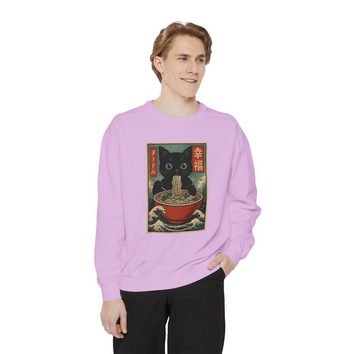 Japanese-Inspired Cat Sweatshirt Featuring a Black Cat Eating Ramen in a Classic Ukiyo-e Woodblock Art Style Cozy Unisex Sweater Cute Gift for Cat Lovers Casual Lounge Wear Perfect for Fall