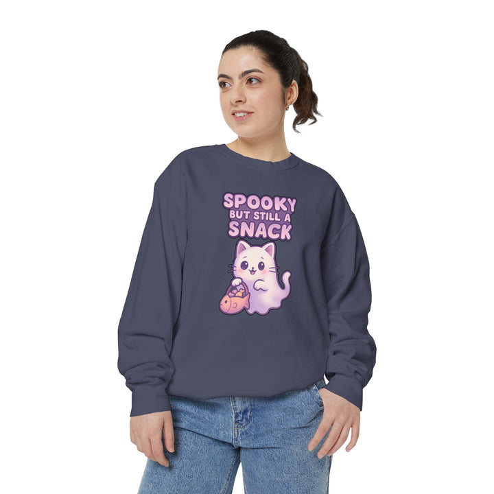 Spooky Snack Sweatshirt Featuring a Cute Ghost Cat Holding a Candy Basket with a Humorous Slogan