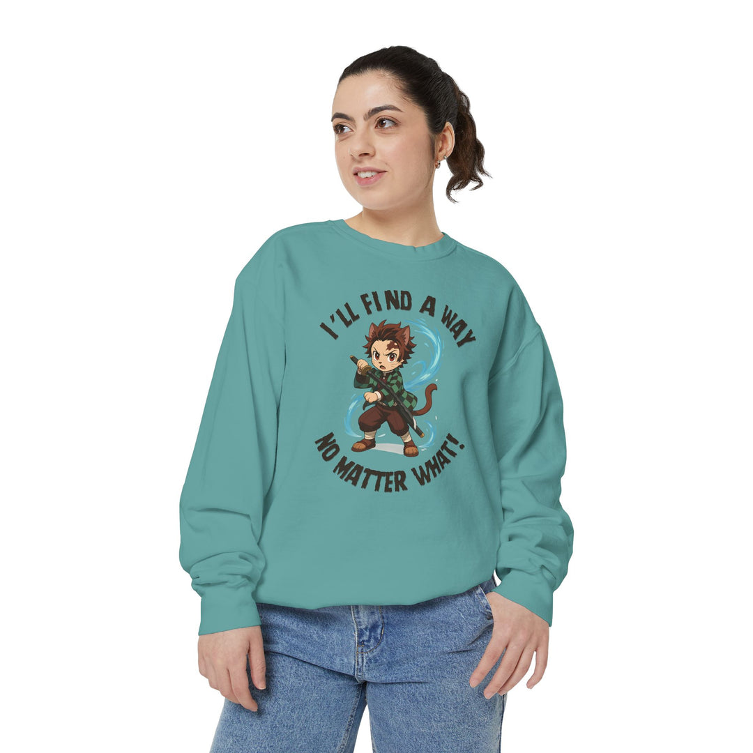 Motivational Unisex Sweatshirt with an Anime-Inspired Cat Demon Slayer and the Slogan "I'll Find a Way No Matter What Inspirational Gift Cozy Fashion Everyday Wear Unique Statement Piece