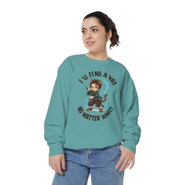 Motivational Unisex Sweatshirt with an Anime-Inspired Cat Demon Slayer and the Slogan "I'll Find a Way No Matter What Inspirational Gift Cozy Fashion Everyday Wear Unique Statement Piece