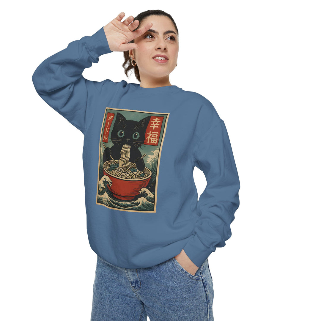 Japanese-Inspired Cat Sweatshirt Featuring a Black Cat Eating Ramen in a Classic Ukiyo-e Woodblock Art Style Cozy Unisex Sweater Cute Gift for Cat Lovers Casual Lounge Wear Perfect for Fall