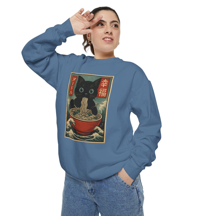 Japanese-Inspired Cat Sweatshirt Featuring a Black Cat Eating Ramen in a Classic Ukiyo-e Woodblock Art Style Cozy Unisex Sweater Cute Gift for Cat Lovers Casual Lounge Wear Perfect for Fall