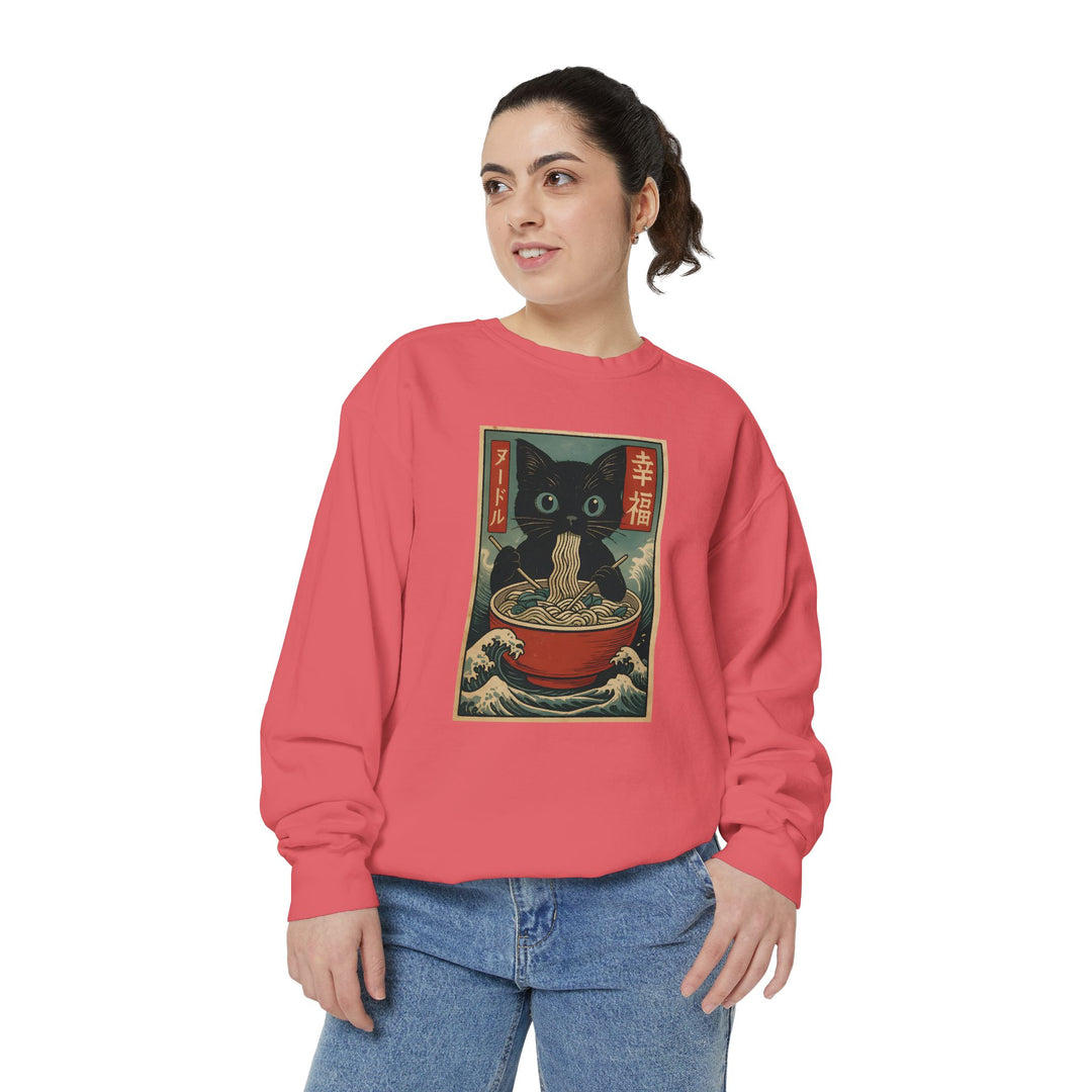 Japanese-Inspired Cat Sweatshirt Featuring a Black Cat Eating Ramen in a Classic Ukiyo-e Woodblock Art Style Cozy Unisex Sweater Cute Gift for Cat Lovers Casual Lounge Wear Perfect for Fall