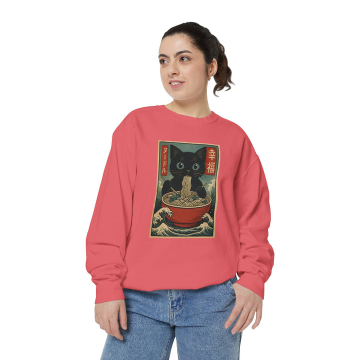 Japanese-Inspired Cat Sweatshirt Featuring a Black Cat Eating Ramen in a Classic Ukiyo-e Woodblock Art Style Cozy Unisex Sweater Cute Gift for Cat Lovers Casual Lounge Wear Perfect for Fall
