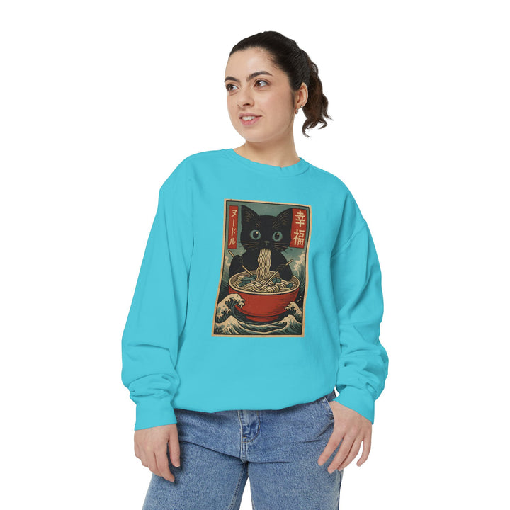 Japanese-Inspired Cat Sweatshirt Featuring a Black Cat Eating Ramen in a Classic Ukiyo-e Woodblock Art Style Cozy Unisex Sweater Cute Gift for Cat Lovers Casual Lounge Wear Perfect for Fall