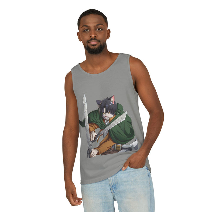Anime Cat Warrior Tank Top, Unisex Graphic Tee, Cute Anime Apparel, Summer Fashion, Gift for Anime Fans
