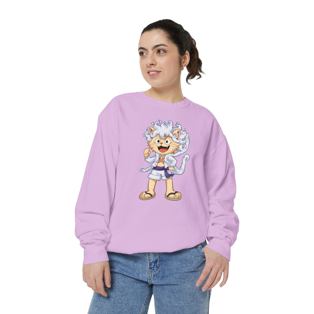 Cute Cat Character Sweatshirt Featuring a Whimsical Feline in a Cheerful Anime Inspired Pose for Fans of Unique Graphics Animal Lover Apparel Fun Fashion Casual Wear