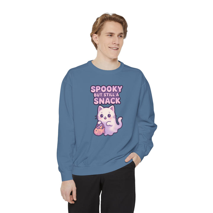 Spooky Snack Sweatshirt Featuring a Cute Ghost Cat Holding a Candy Basket with a Humorous Slogan