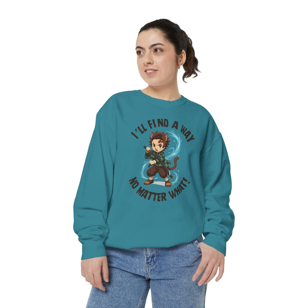 Motivational Unisex Sweatshirt with an Anime-Inspired Cat Demon Slayer and the Slogan "I'll Find a Way No Matter What Inspirational Gift Cozy Fashion Everyday Wear Unique Statement Piece