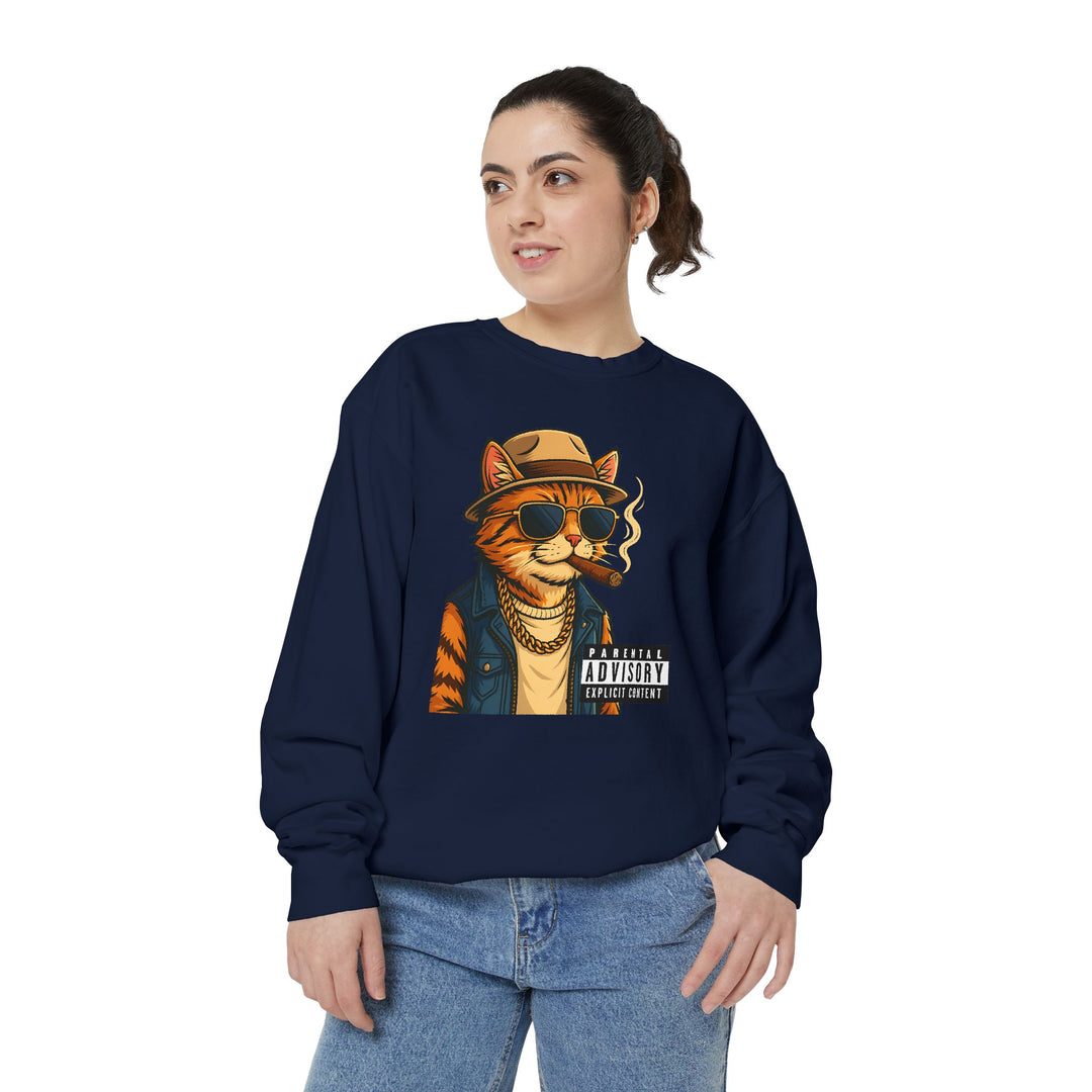 Cool Cat Vintage Sweatshirt with a Black Cat Eating Ramen in a Japanese Ukiyo-e Woodblock Art Style