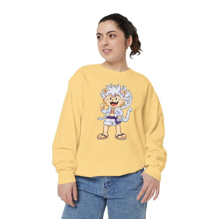 Cute Cat Character Sweatshirt Featuring a Whimsical Feline in a Cheerful Anime Inspired Pose for Fans of Unique Graphics Animal Lover Apparel Fun Fashion Casual Wear
