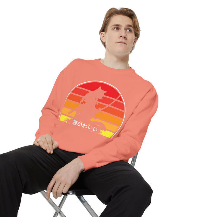 Sunset Samurai Sweatshirt | Cozy Unisex Garment-Dyed Pullover, Gift for Anime Lovers, Japanese Aesthetic Apparel, Fall Fashion, Casual Wear