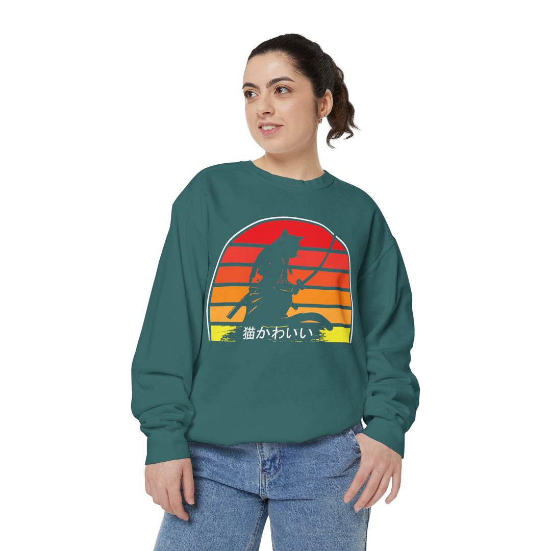 Sunset Samurai Sweatshirt | Cozy Unisex Garment-Dyed Pullover, Gift for Anime Lovers, Japanese Aesthetic Apparel, Fall Fashion, Casual Wear
