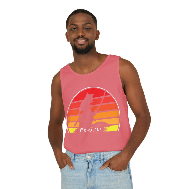 Sunset Cat Tank Top, Unisex Summer Top, Beachwear, Casual Workout Shirt, Gift for Cat Lovers