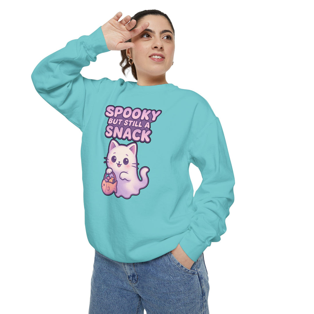 Spooky Snack Sweatshirt Featuring a Cute Ghost Cat Holding a Candy Basket with a Humorous Slogan