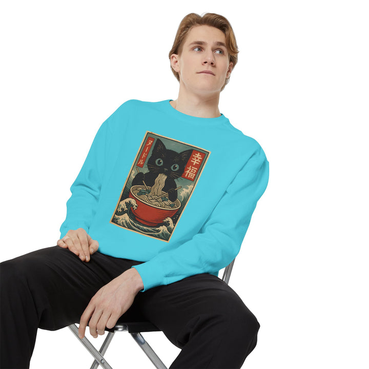 Japanese-Inspired Cat Sweatshirt Featuring a Black Cat Eating Ramen in a Classic Ukiyo-e Woodblock Art Style Cozy Unisex Sweater Cute Gift for Cat Lovers Casual Lounge Wear Perfect for Fall