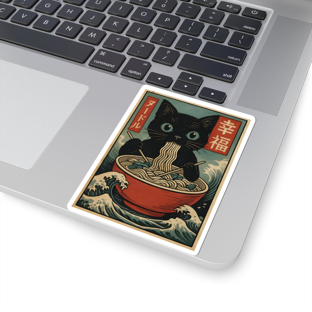 Whimsical Cat Noodle Kiss-Cut Stickers | Cute Black Cat, Japanese Art, Laptop Decals, Planner Stickers, Cat Lover Gift