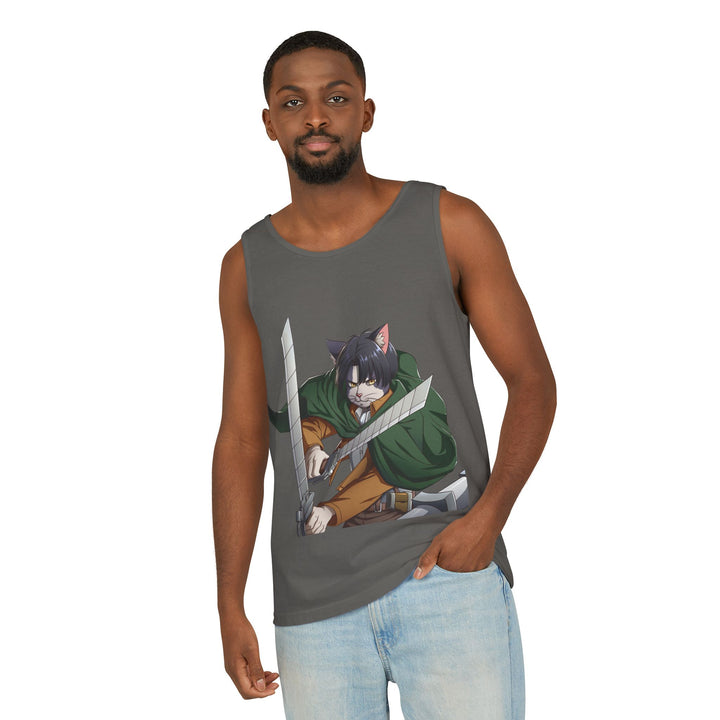 Anime Cat Warrior Tank Top, Unisex Graphic Tee, Cute Anime Apparel, Summer Fashion, Gift for Anime Fans