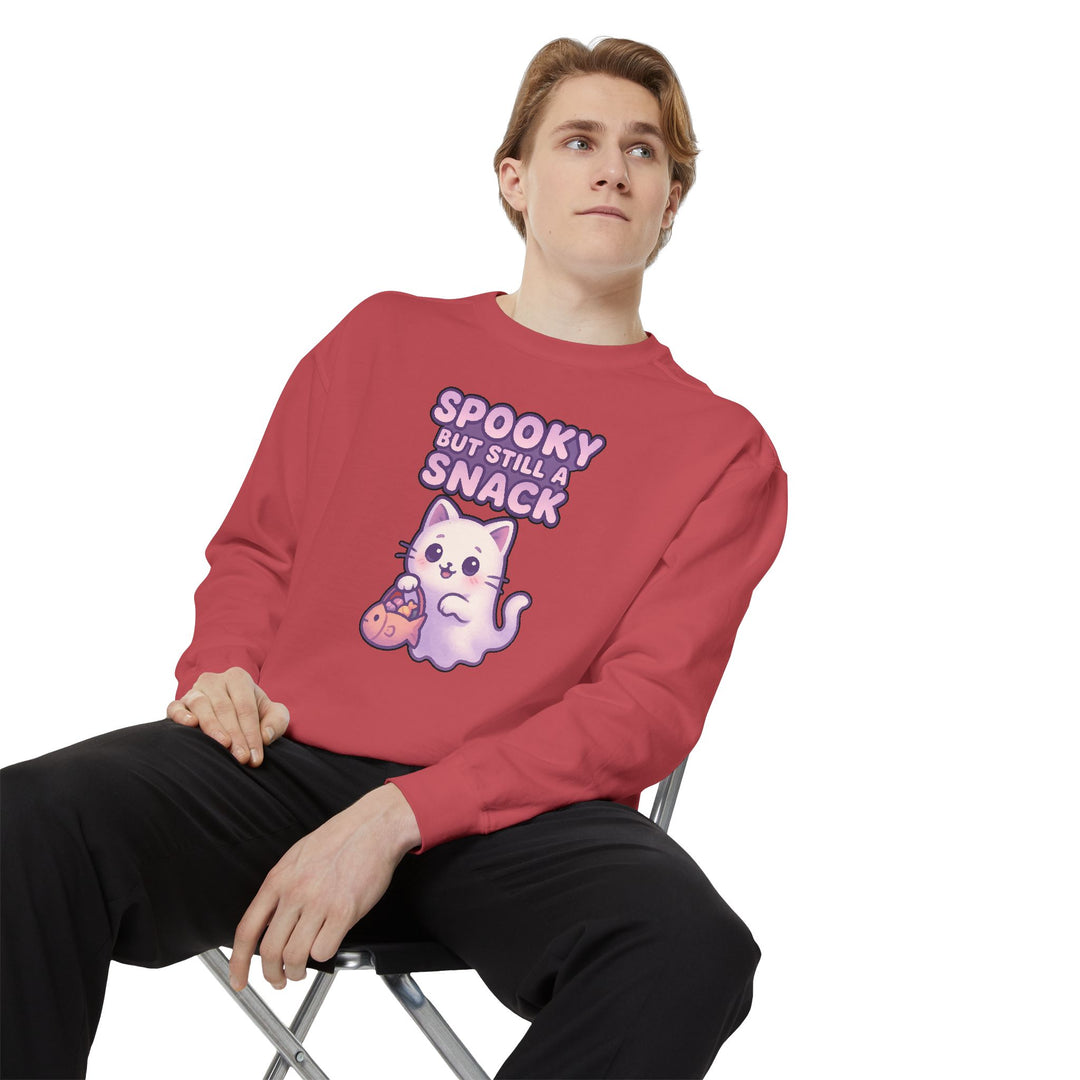 Spooky Snack Sweatshirt Featuring a Cute Ghost Cat Holding a Candy Basket with a Humorous Slogan