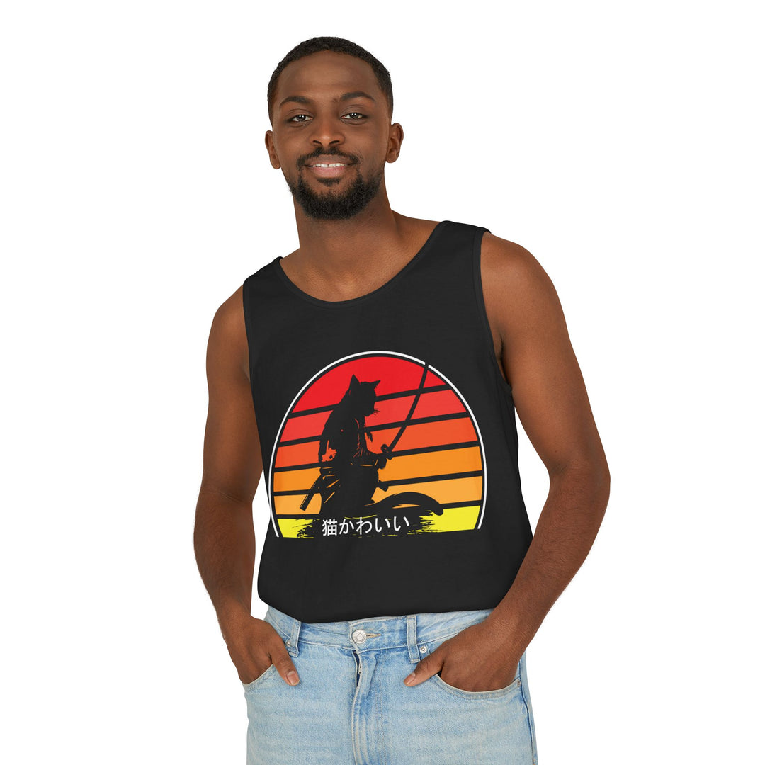 Sunset Cat Tank Top, Unisex Summer Top, Beachwear, Casual Workout Shirt, Gift for Cat Lovers