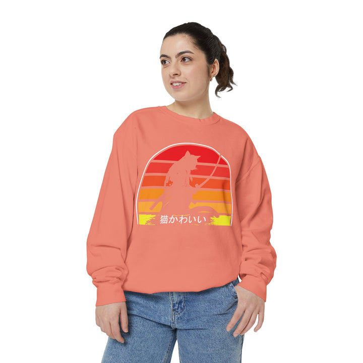 Sunset Samurai Sweatshirt | Cozy Unisex Garment-Dyed Pullover, Gift for Anime Lovers, Japanese Aesthetic Apparel, Fall Fashion, Casual Wear