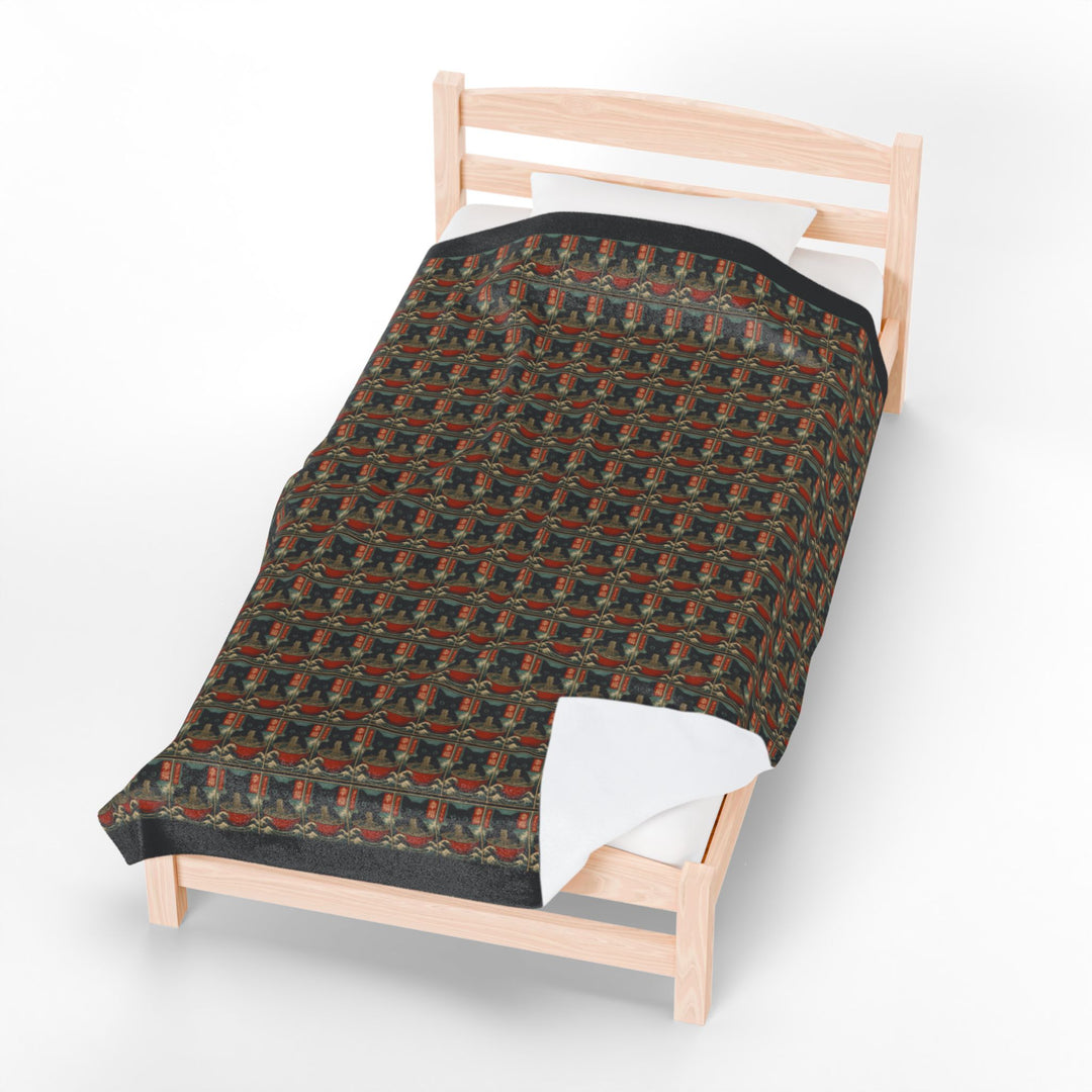 Velveteen Plush Blanket Featuring a Repeating Pattern of a Black Cat Eating Ramen in Ukiyo-e Style