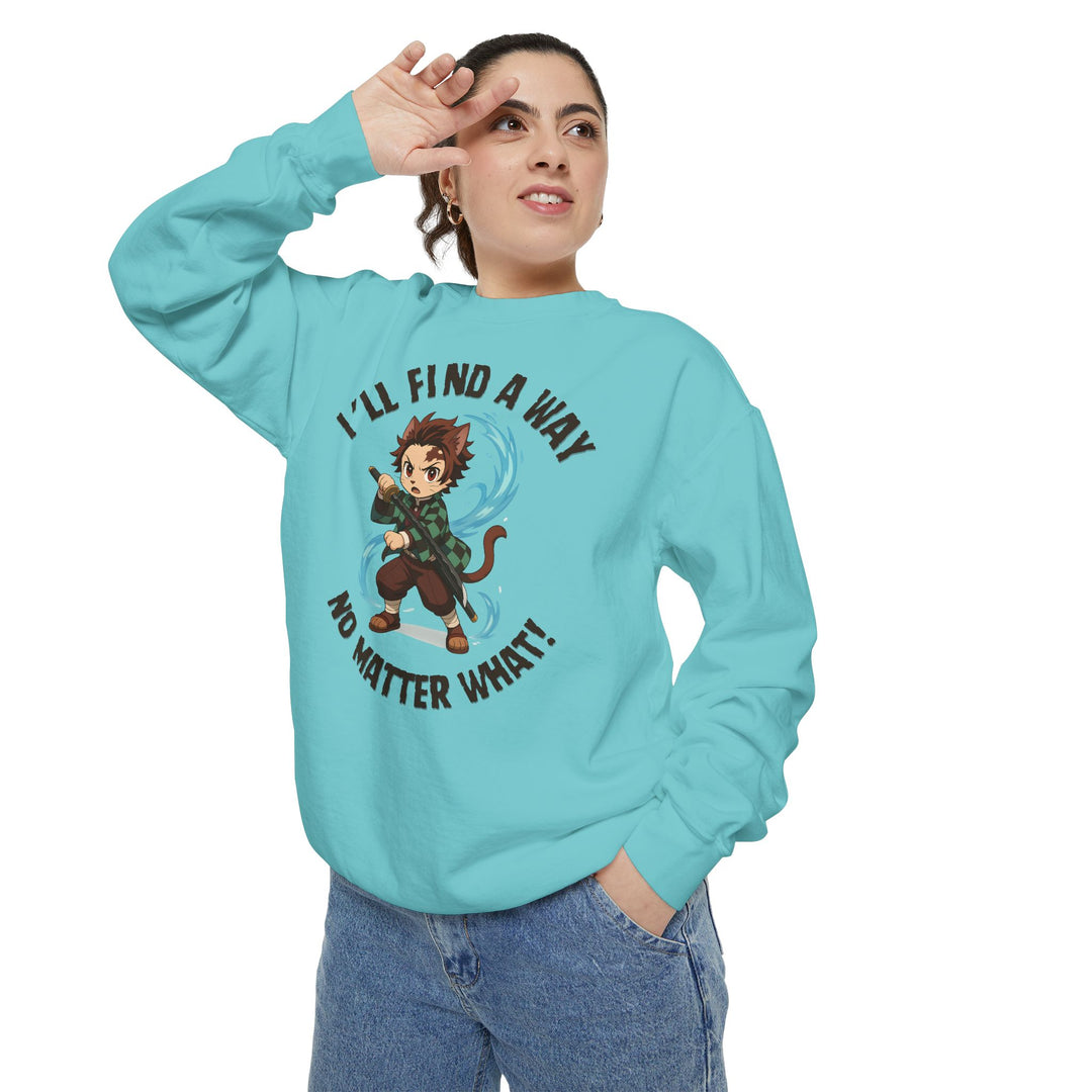 Motivational Unisex Sweatshirt with an Anime-Inspired Cat Demon Slayer and the Slogan "I'll Find a Way No Matter What Inspirational Gift Cozy Fashion Everyday Wear Unique Statement Piece