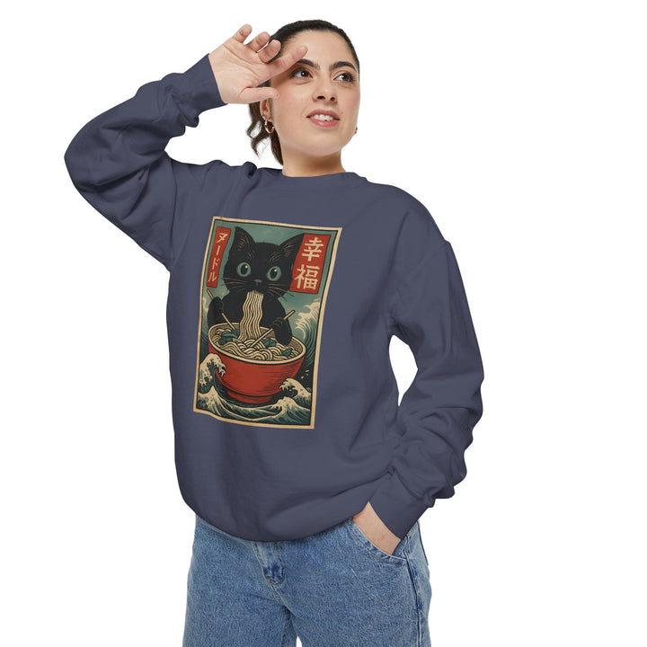 Japanese-Inspired Cat Sweatshirt Featuring a Black Cat Eating Ramen in a Classic Ukiyo-e Woodblock Art Style Cozy Unisex Sweater Cute Gift for Cat Lovers Casual Lounge Wear Perfect for Fall