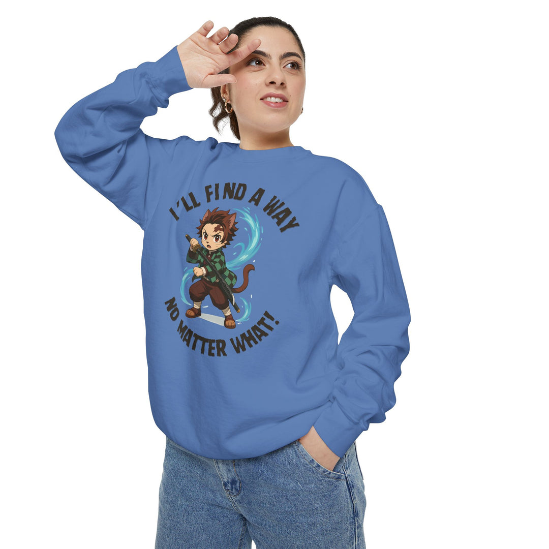 Motivational Unisex Sweatshirt with an Anime-Inspired Cat Demon Slayer and the Slogan "I'll Find a Way No Matter What Inspirational Gift Cozy Fashion Everyday Wear Unique Statement Piece