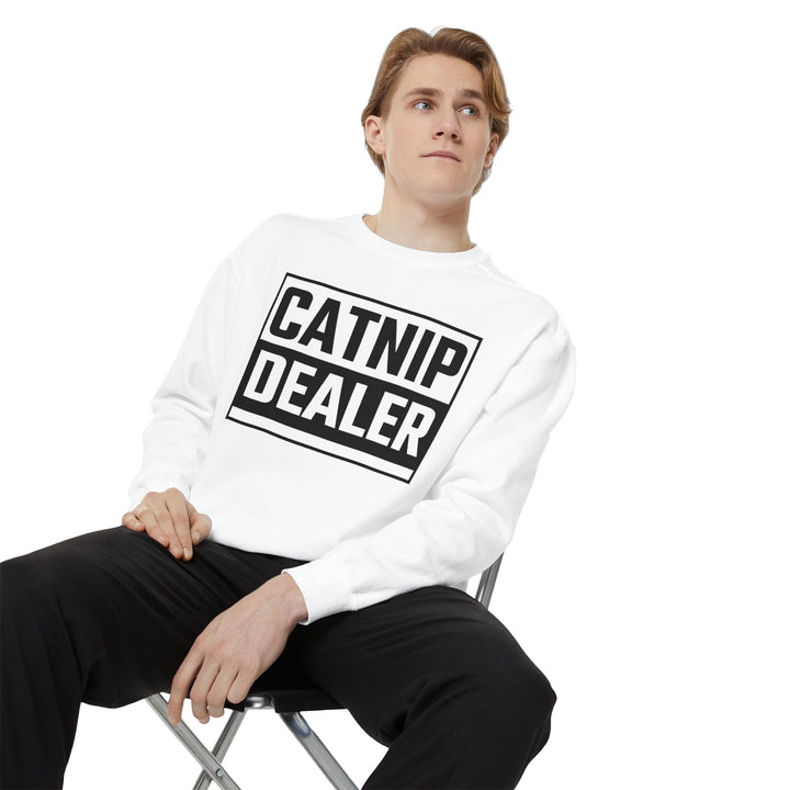 Catnip Dealer Sweatshirt Featuring a Bold and Humorous Black and White Typographic Design for Cat Lovers and Pet Owners Perfect Gift for Cat Parents Unisex Sweater for Every Season