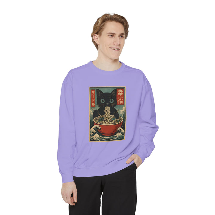 Japanese-Inspired Cat Sweatshirt Featuring a Black Cat Eating Ramen in a Classic Ukiyo-e Woodblock Art Style Cozy Unisex Sweater Cute Gift for Cat Lovers Casual Lounge Wear Perfect for Fall