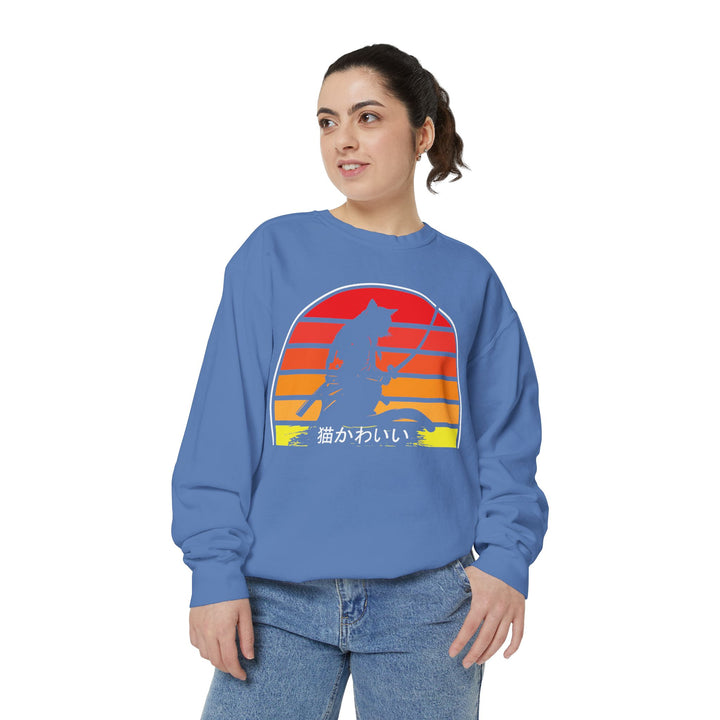 Sunset Samurai Sweatshirt | Cozy Unisex Garment-Dyed Pullover, Gift for Anime Lovers, Japanese Aesthetic Apparel, Fall Fashion, Casual Wear