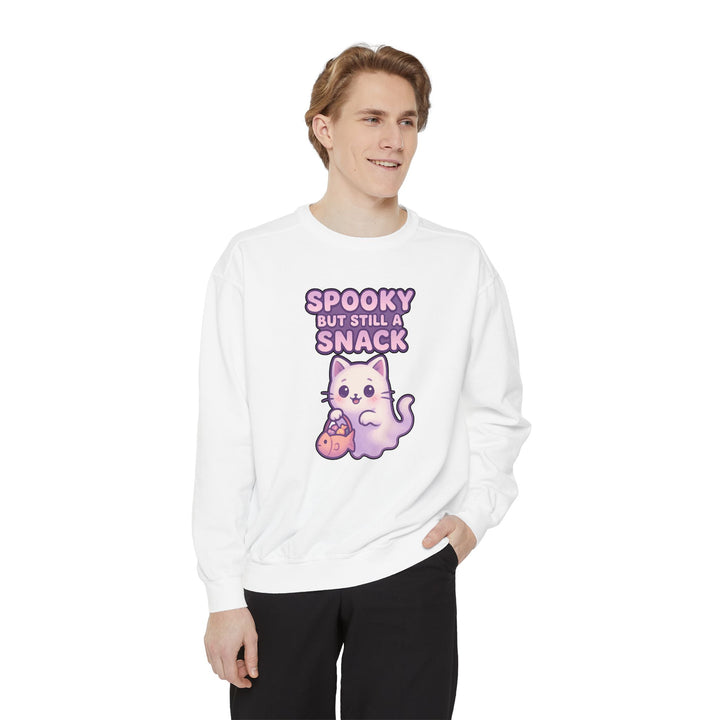 Spooky Snack Sweatshirt Featuring a Cute Ghost Cat Holding a Candy Basket with a Humorous Slogan