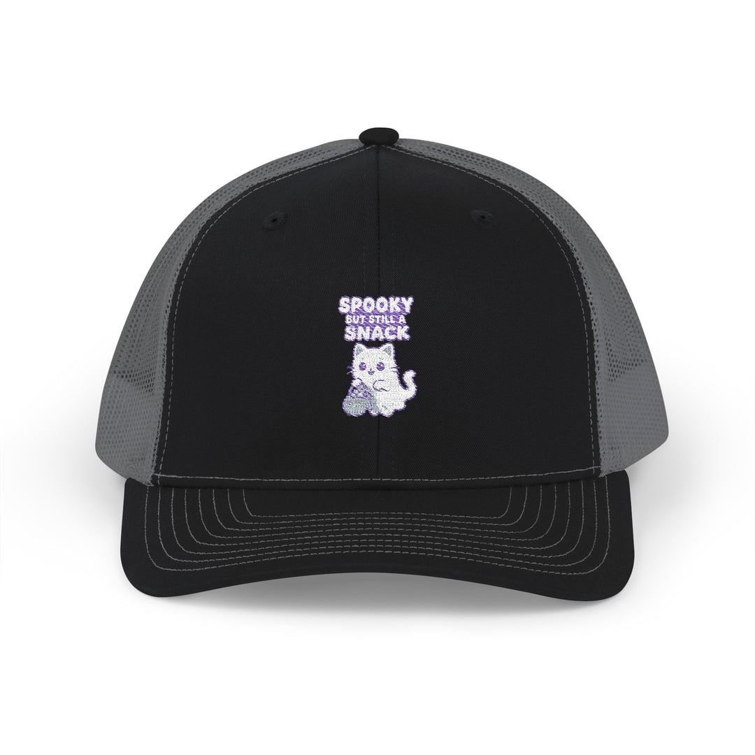 Spooky Snack Snapback Trucker Cap | Funny Hat for Halloween, Cool Gift for Pet Lovers, Embroidered Cap, Casual Summer Accessory, Outdoor Cap